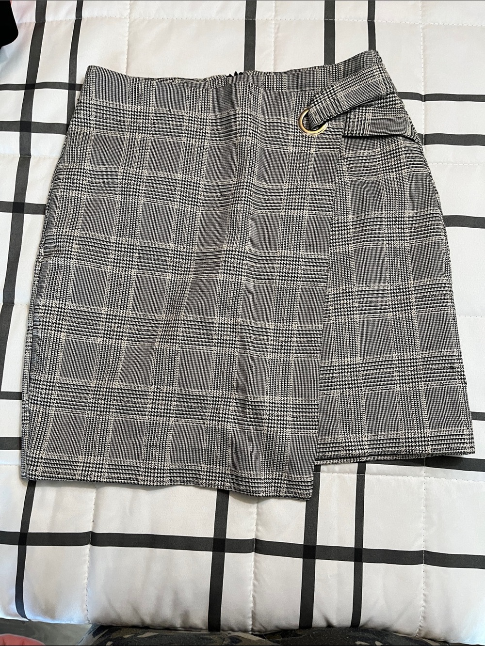 Plaid Wrap Mini Skirt with D-Ring Accent - Black & White